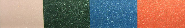 green shimmer pearl on white, black, blue, and red swatch